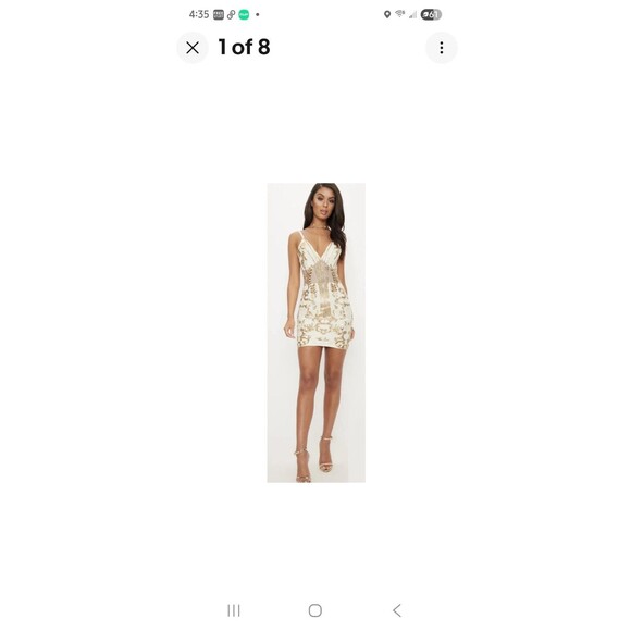 PRETTYLITTLETHING NWT Gold Sheer Panel‎ Strappy Sequin Bodycon Dress Size 12 - Picture 1 of 12